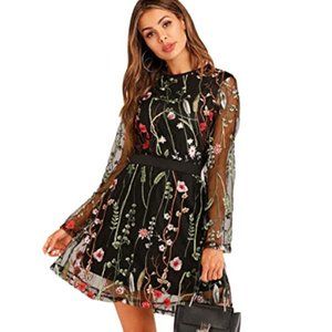 Floral Embroidery Mesh Sleeve Dress